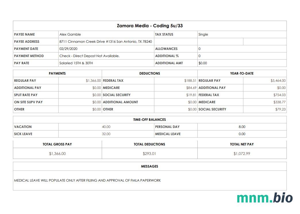 Zamora Media Coding pay stub